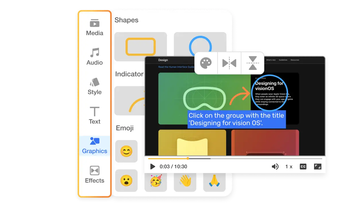 Adding Shapes: Feature of Add Graphic to Video displaying the use of easily adding shapes such as rectangles, circles, and arrows during video editing.